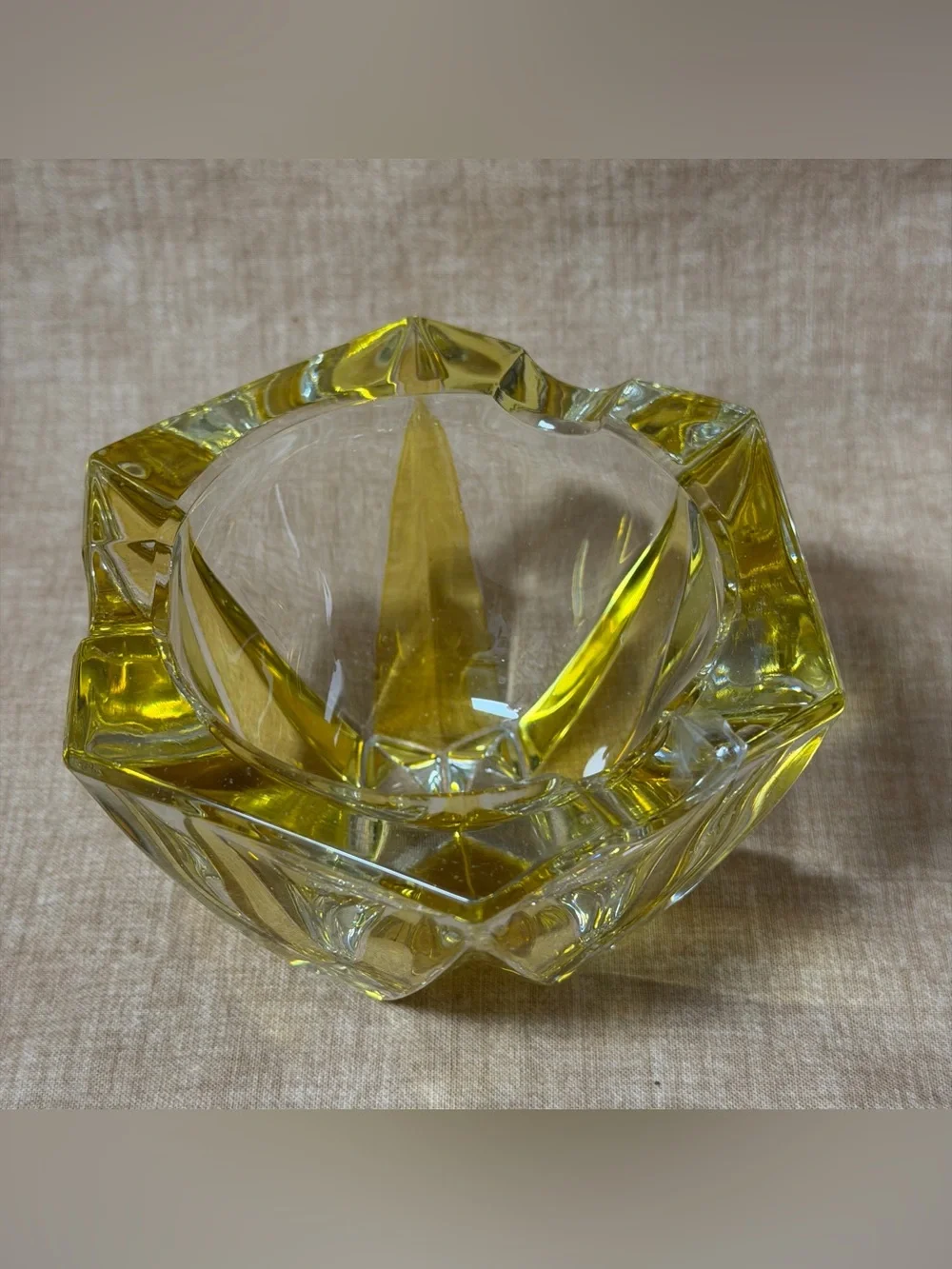 Heavy Cut Crystal Glass Ashtray Yellow Star Shape MCM Retro Vtg 60s Home Decor